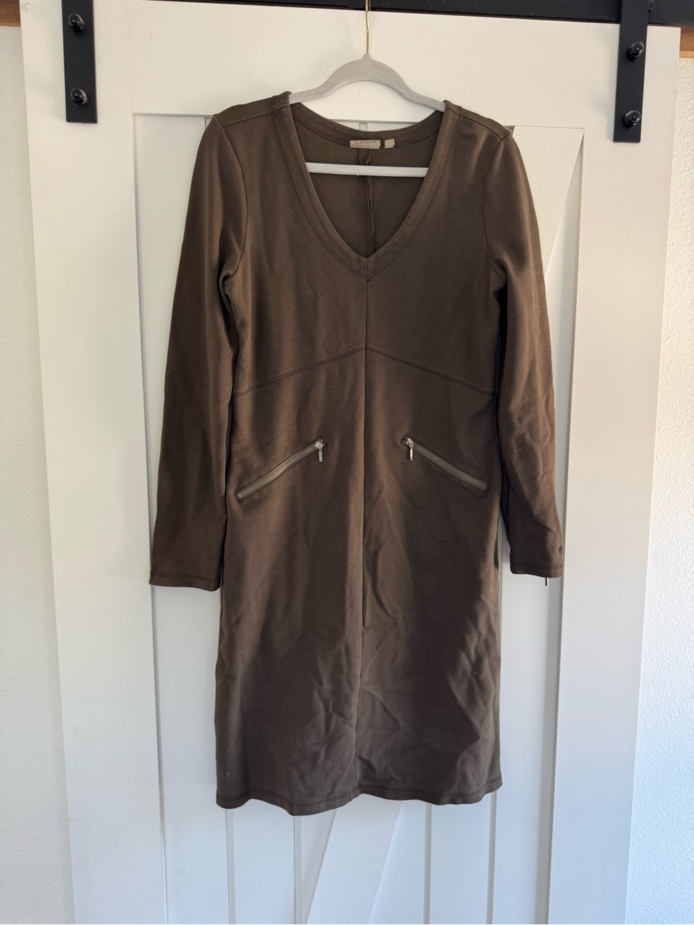 Athleta Celebration Ponte v neck Dress in olive green
